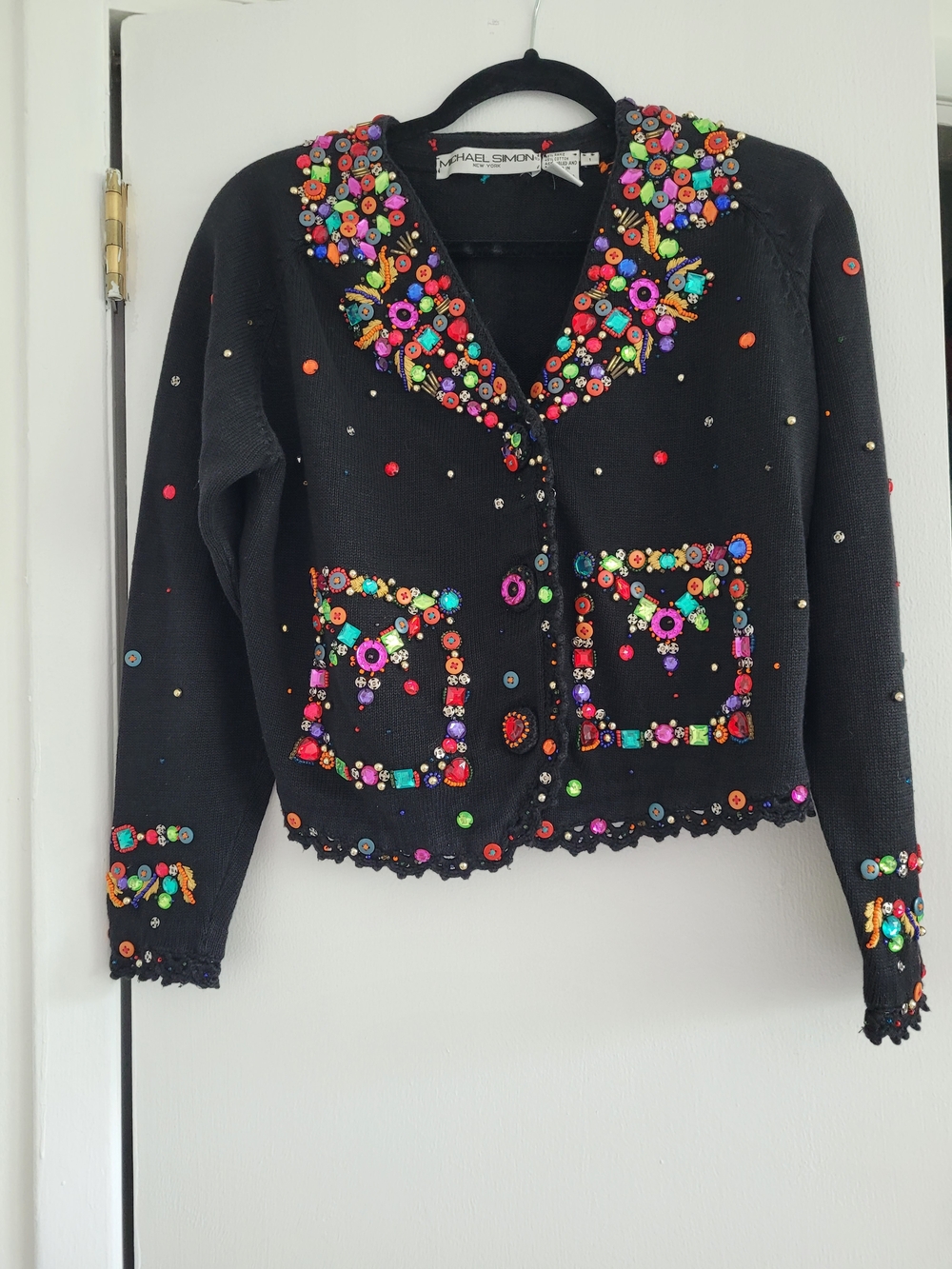 Michael Simon Artsy Black Cardigan with Multicolor Sequin & Bead Embellishments